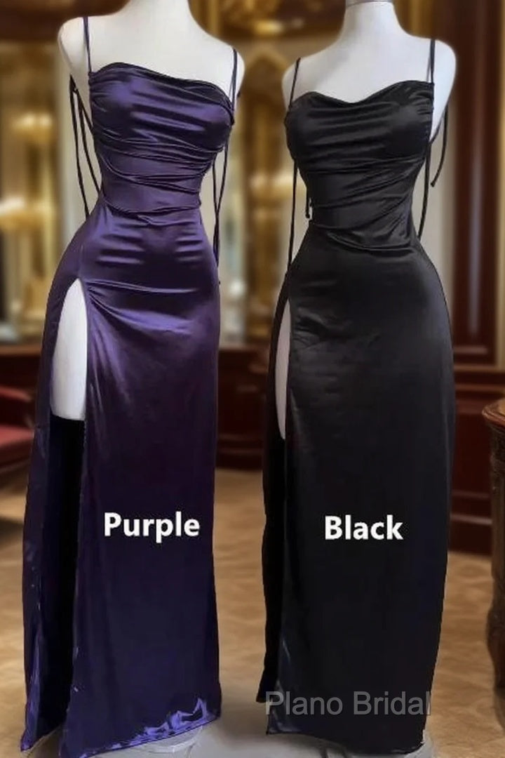 Pretty Sheath Spaghetti Straps Floor Length Ruffles Grape Slit Formal Prom Dresses Main image