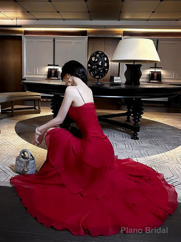 Pretty Sheath Spaghetti Straps Red Long Length Chiffon Prom Dresses Evening Gowns Birthday Dress Secondary image