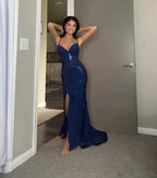 Pretty Sheath Spaghetti Straps Royal Blue Slit Long Formal Evening Dresses Formal Prom Dresses