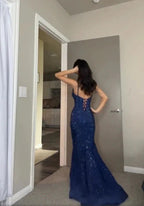 Pretty Sheath Spaghetti Straps Royal Blue Slit Long Formal Evening Dresses Formal Prom Dresses