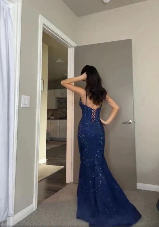 Pretty Sheath Spaghetti Straps Royal Blue Slit Long Formal Evening Dresses Formal Prom Dresses
