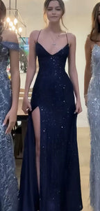 Pretty Sheath Spaghetti Straps Slit Navy Blue Sequin Formal Prom Dresses Formal Evening Dresses