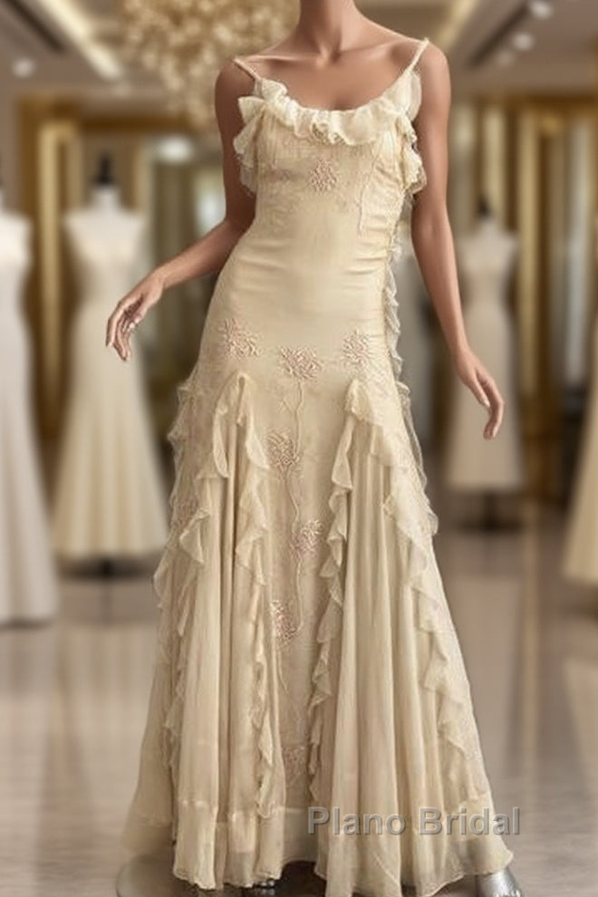 Pretty Sheath Spaghetti Straps Yellow Floor Length Evening Dresses Chiffon Formal Prom Dresses