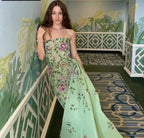 Pretty Sheath Strapless Green Floor Length Formal Evening Dresses Organza Formal Prom Dresses With Embroidered