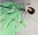 Pretty Sheath Strapless Green Floor Length Formal Evening Dresses Organza Formal Prom Dresses With Embroidered