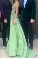 Pretty Sheath Strapless Green Floor Length Formal Evening Dresses Organza Formal Prom Dresses With Embroidered