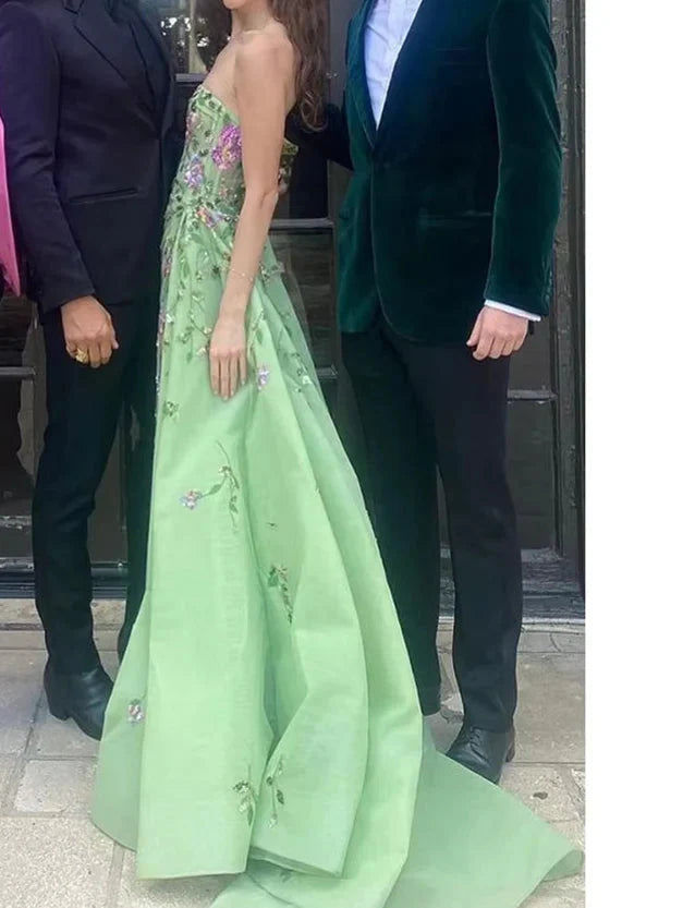 Pretty Sheath Strapless Green Floor Length Formal Evening Dresses Organza Formal Prom Dresses With Embroidered