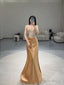 Pretty Sheath Strapless Neckline Sleeveless Evening Dress Gold Satin Prom Dresses