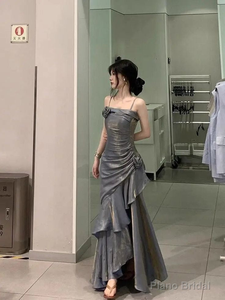 Pretty Sheath Straps Sleeveless Evening Dress Gray Long Ruffles Prom Dresses Main image
