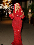 Pretty Sheath V Neckline Red Sequin Long Formal Prom Dresses Formal Evening Dresses