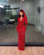 Pretty Sheath V Neckline Red Sequin Long Formal Prom Dresses Formal Evening Dresses