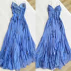 Pretty Spaghetti Straps V-Neck Beaded Backless Formal Prom Dresses Party Dresses