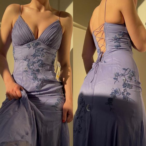 Pretty Spaghetti Straps V-Neck Beaded Backless Formal Prom Dresses Party Dresses