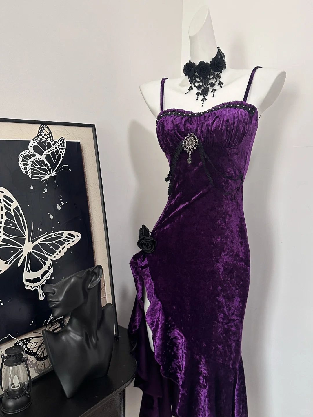 Pretty Spaghetti Straps Purple Velvet Ruffle Party Dresses Birthday Formal Evening Dresses