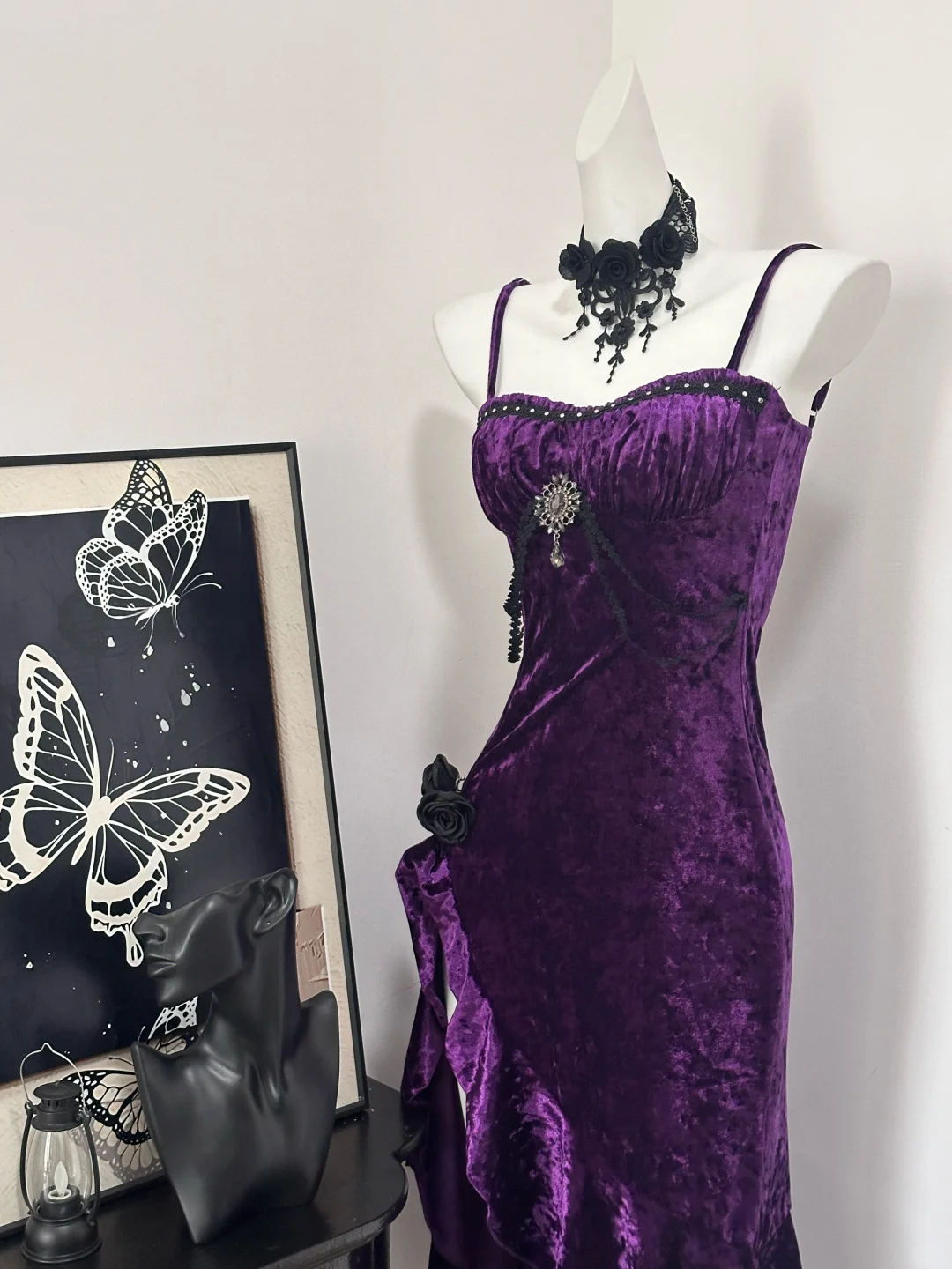 Pretty Spaghetti Straps Purple Velvet Ruffle Party Dresses Birthday Formal Evening Dresses