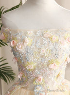 Pretty Tulle Champagne Off Shoulder  Prom Dress, Flowers Lace Formal Dress