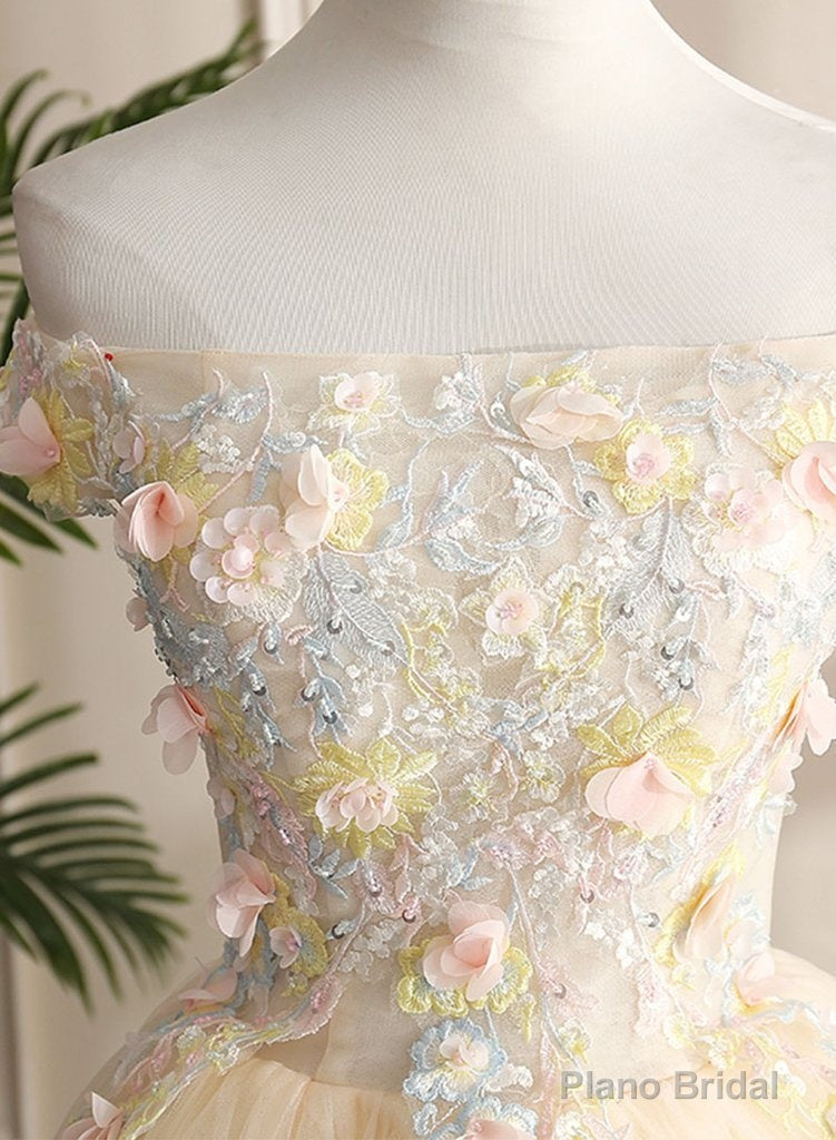 Pretty Tulle Champagne Off Shoulder  Prom Dress, Flowers Lace Formal Dress