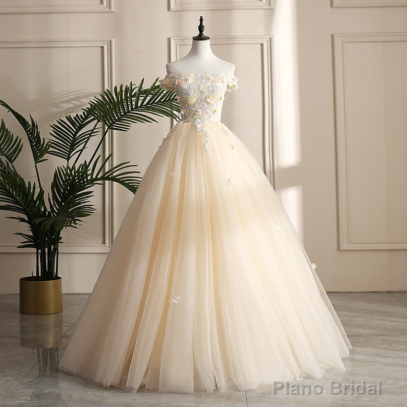Pretty Tulle Champagne Off Shoulder  Prom Dress, Flowers Lace Formal Dress