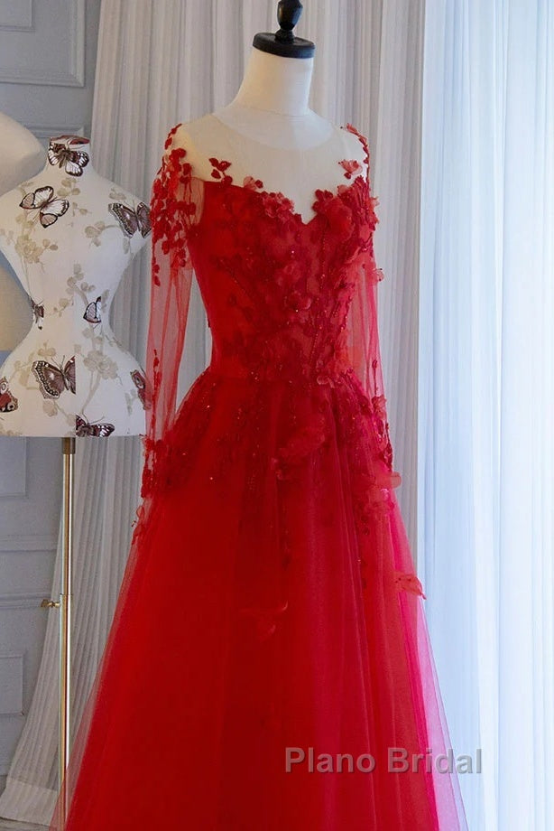 Pretty Tulle Long Formal Prom Dresses With Applique,Red Party Dresses Formal Evening Dresses Secondary image