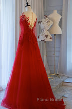 Pretty Tulle Long Formal Prom Dresses With Applique,Red Party Dresses Formal Evening Dresses