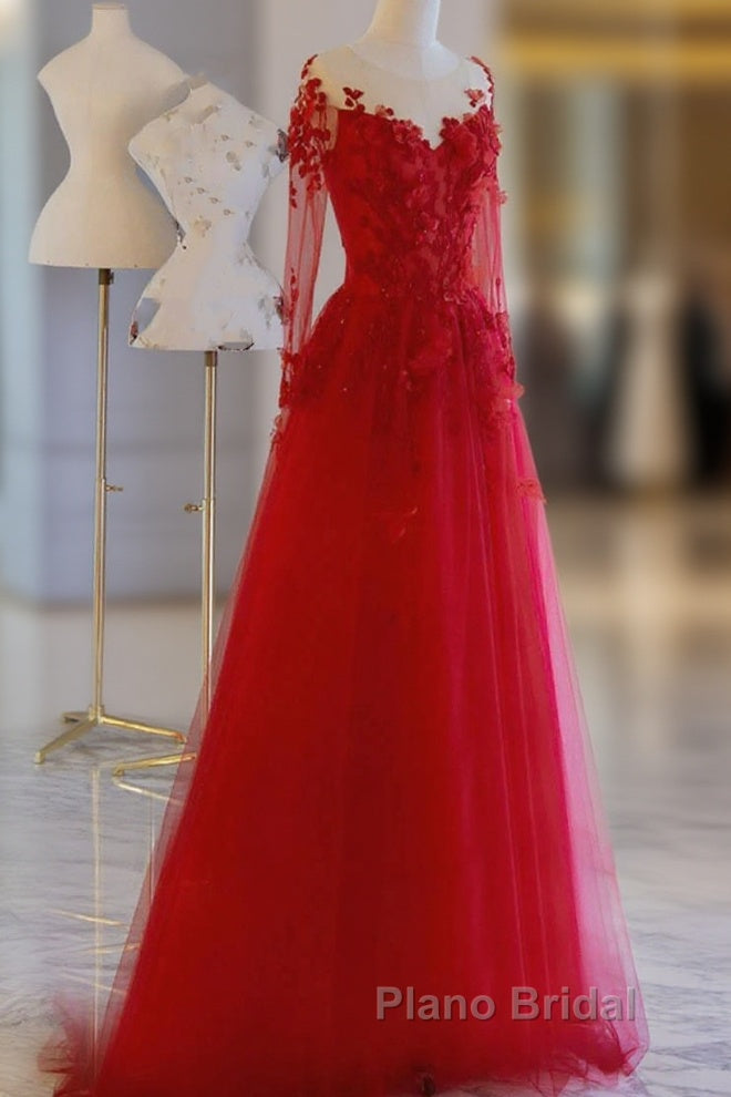 Pretty Tulle Long Formal Prom Dresses With Applique,Red Party Dresses Formal Evening Dresses