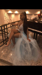 Pretty V Neck Lace Formal Prom Dresses, Sexy Split Slit Formal Evening Dresses
