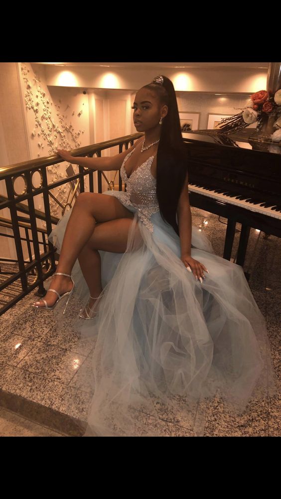 Pretty V Neck Lace Formal Prom Dresses, Sexy Split Slit Formal Evening Dresses Main image