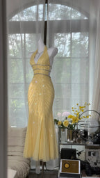 Pretty Yellow Sequin Halter Neck Backless Mermaid Formal Prom Dresses
