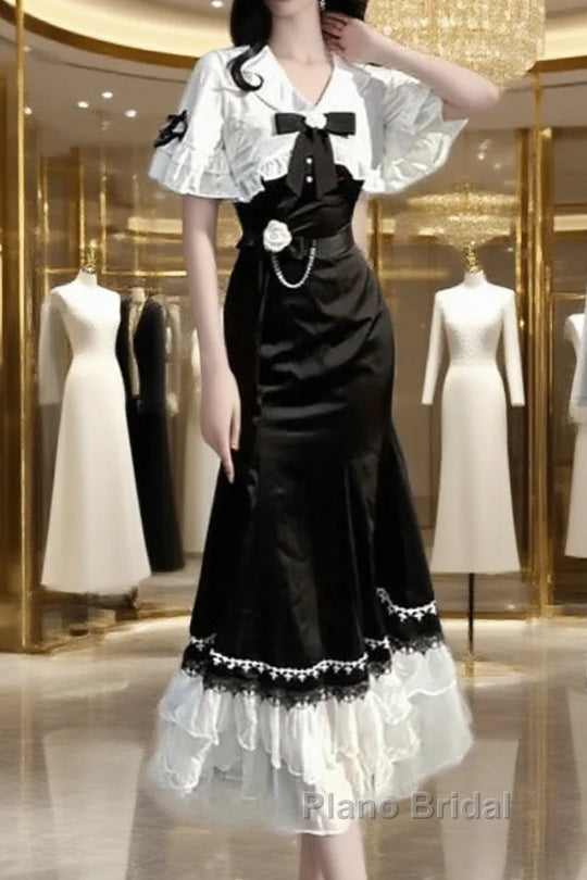 Princess A Line Black Satin Long Formal Prom Dresses Night Lolita Dresses Birthday Outfits