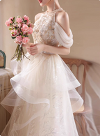 Princess A-Line Halter Neck Sequin Embroidered Tiered Tulle Long Formal Prom Dresses
