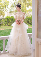 Princess A-Line Halter Neck Sequin Embroidered Tiered Tulle Long Formal Prom Dresses