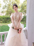 Princess A-Line Halter Neck Sequin Embroidered Tiered Tulle Long Formal Prom Dresses
