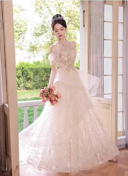 Princess A-Line Halter Neck Sequin Embroidered Tiered Tulle Long Formal Prom Dresses