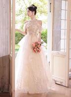 Princess A-Line Halter Neck Sequin Embroidered Tiered Tulle Long Formal Prom Dresses