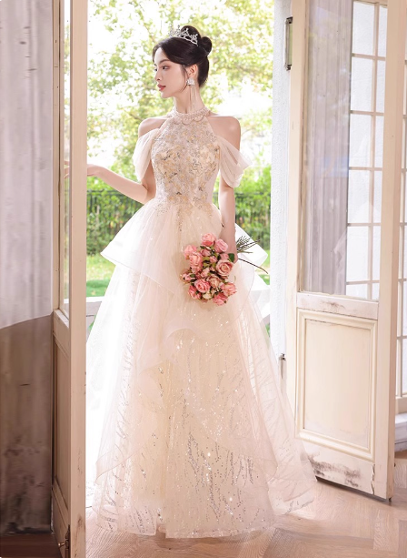 Princess A-Line Halter Neck Sequin Embroidered Tiered Tulle Long Formal Prom Dresses