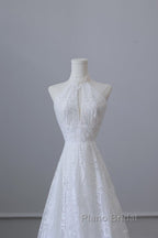 Princess A Line High Neckline White Lace Long Wedding Dresses Brides Dresses