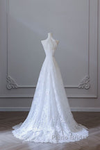 Princess A Line High Neckline White Lace Long Wedding Dresses Brides Dresses