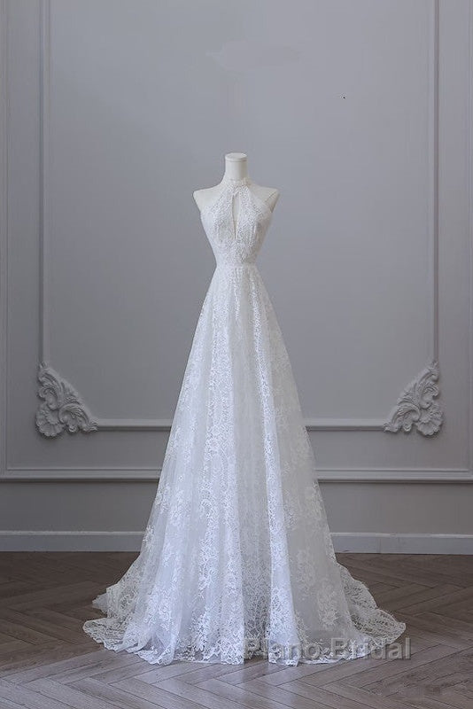 Princess A Line High Neckline White Lace Long Wedding Dresses Brides Dresses