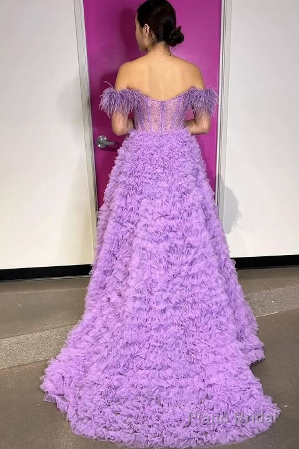 Princess A Line Off the Shoulder Pink Long Prom Dress with Feather