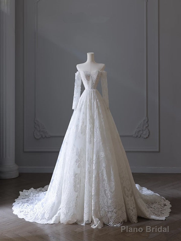 Princess A line Off The Shoulder White Lace Long Wedding Dresses Brides Dress Main image