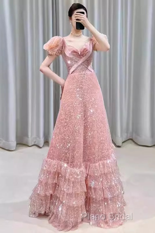 Princess A Line Pink Short Sleeves Sequin Long Formal Prom Dresses Secondary image