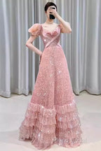 Princess A Line Pink Short Sleeves Sequin Long Formal Prom Dresses