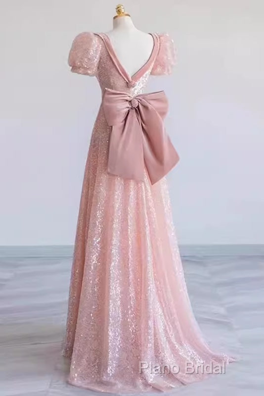 Princess A Line Pink Short Sleeves Sequin Long Formal Prom Dresses