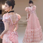 Princess A Line Pink Short Sleeves Sequin Long Formal Prom Dresses
