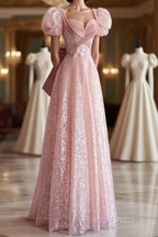 Princess A Line Pink Short Sleeves Sequin Long Formal Prom Dresses