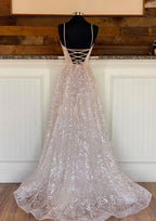 Princess A-line Sweetheart Sleeveless Sweep Train Metallic Yarn Formal Prom Dresses