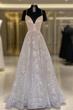 Princess A-line Sweetheart Sleeveless Sweep Train Metallic Yarn Formal Prom Dresses