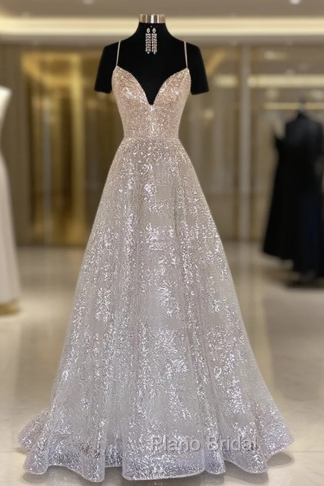 Princess A-line Sweetheart Sleeveless Sweep Train Metallic Yarn Formal Prom Dresses