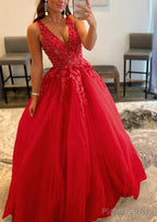 Princess A-line V Neck Sleeveless Sweep Train Tulle Prom Dresses With Appliqued Beading