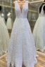 Princess A-line V Neck Sleeveless Velvet Sequins Long/Floor-Length Formal Prom Dresses With Pockets